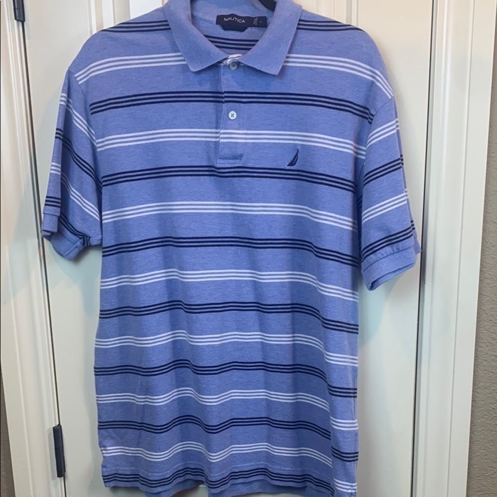 Nautica Men's Light Blue striped short sleeve polo, Large